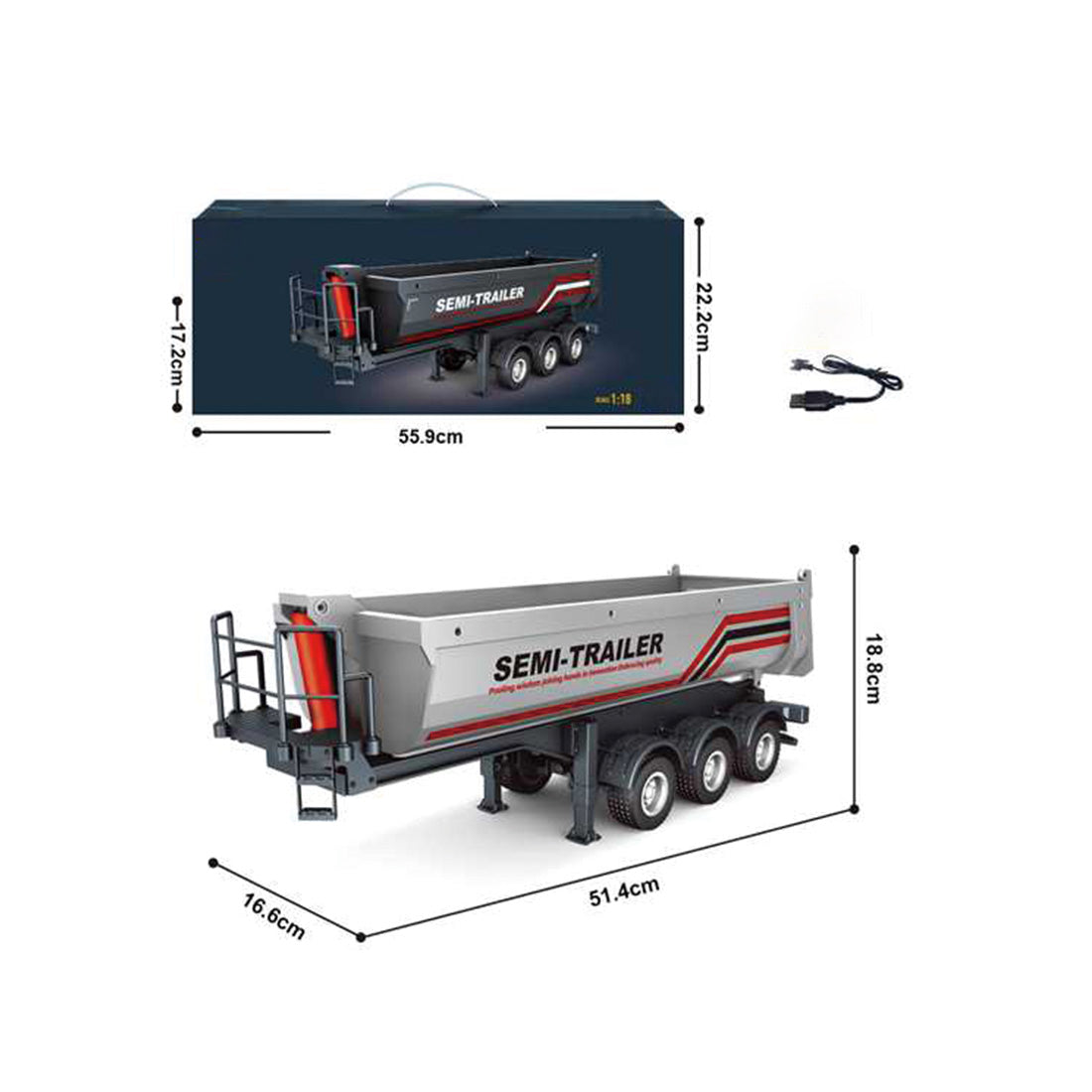 1/18 Scale RC Semi Trailer for 770S Heavy Duty Truck Remote Controlled Trailer with Liftable Bed, Adjustable Support Legs and Rear Lights