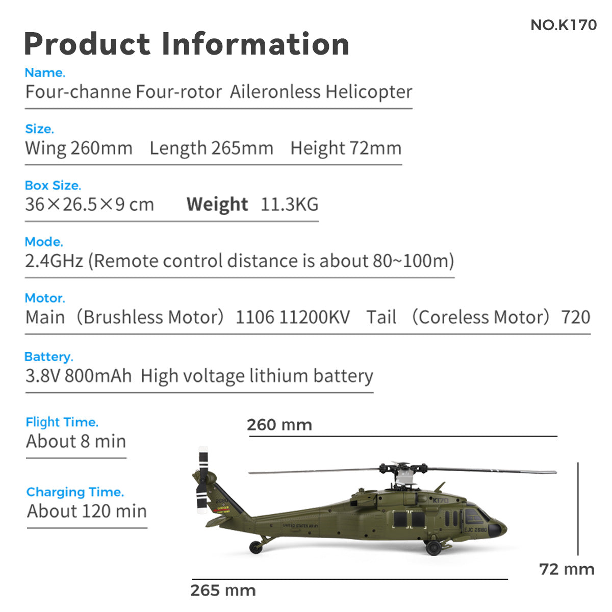 WL K170 UH-60L 170 Size 2.4G 4CH Flybarless RC Helicopter with Adjustable Left and right Hand Throttle