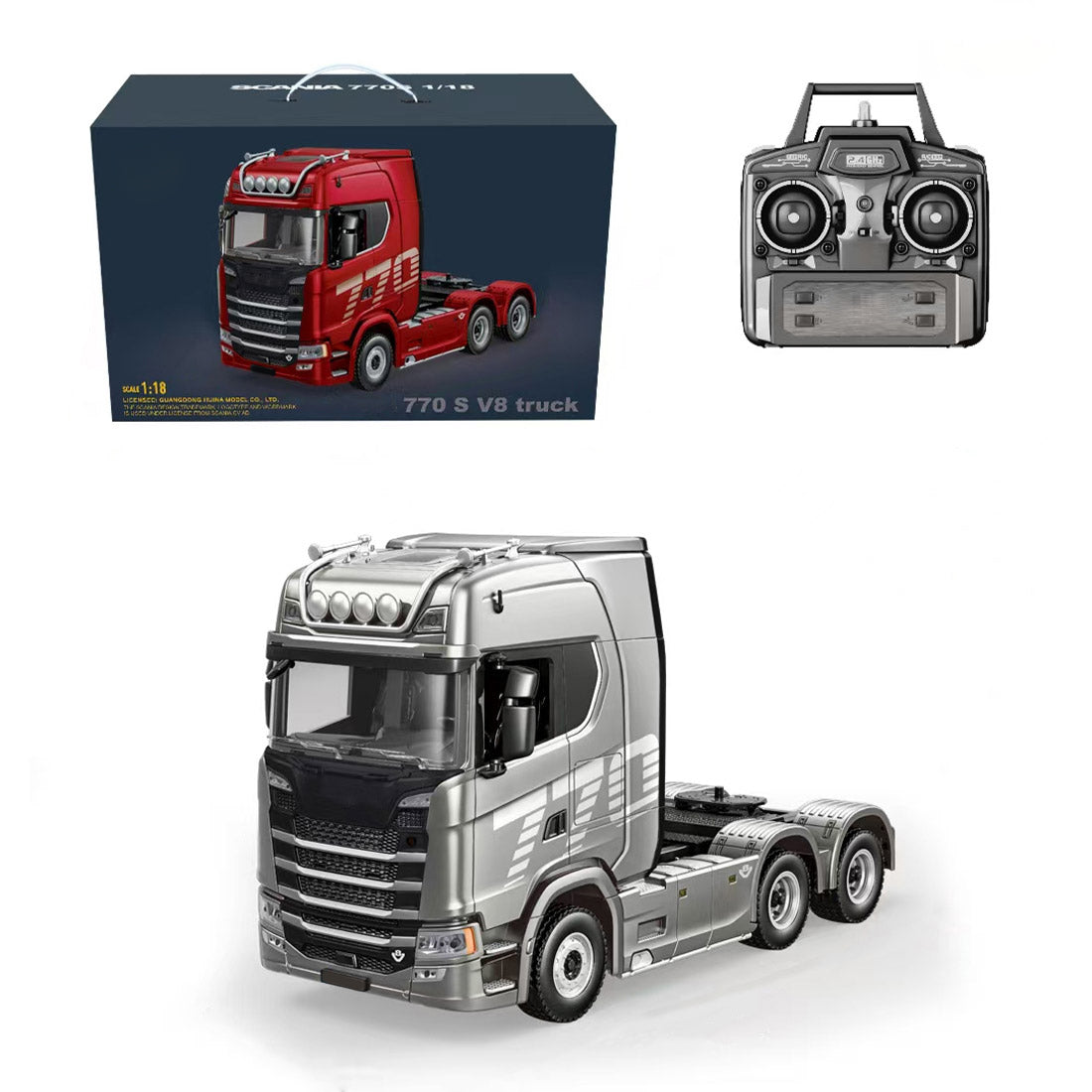 1/18 scale 6x4 770S Heavy-Duty Remote Control Tractor + LED Light Upgrade Kit + Remote Control Semi-Trailer