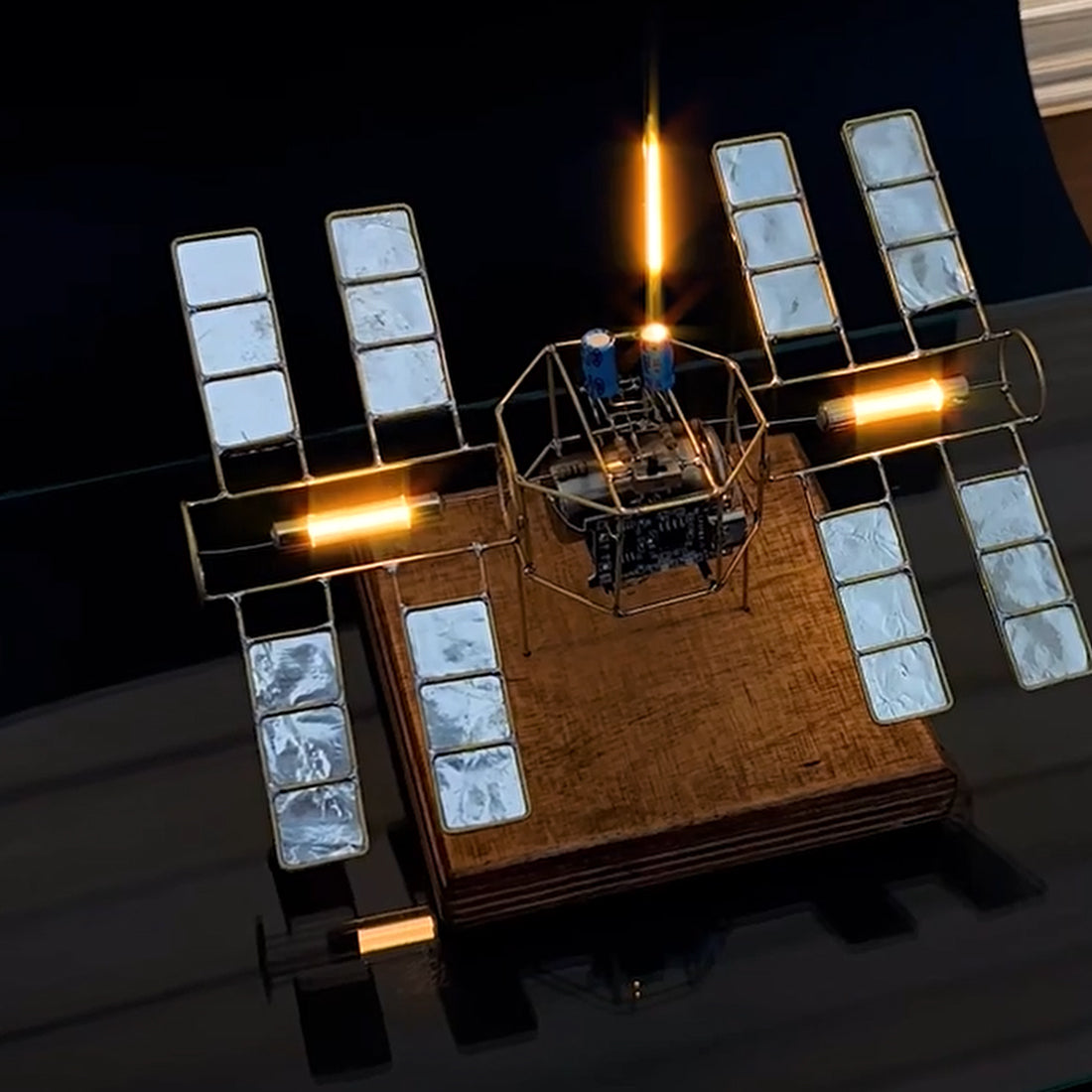 DIY Metal Wire Space Station Welding Model Kit with Wooden Base and LED Lights