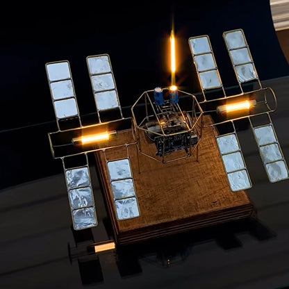 DIY Metal Wire Space Station Welding Model Kit with Wooden Base and LED Lights