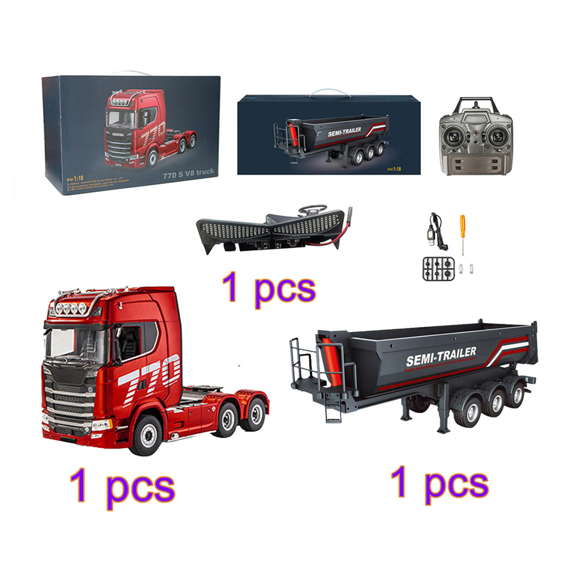 1/18 scale 6x4 770S Heavy-Duty Remote Control Tractor + LED Light Upgrade Kit + Remote Control Semi-Trailer