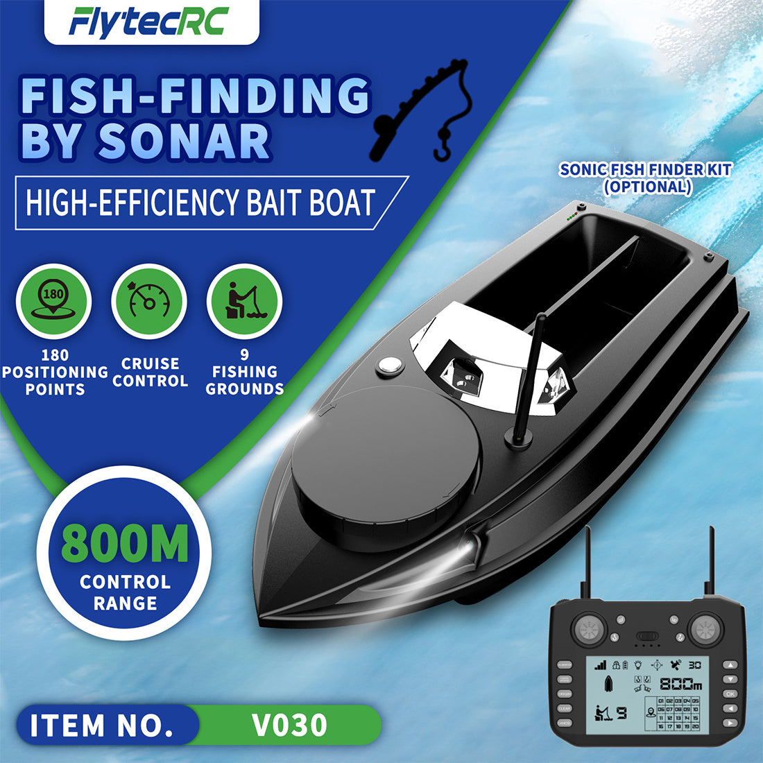 V030 12V 2.4G High-Speed RC Bait Boat+ 12V 20000mAh Lithium Battery