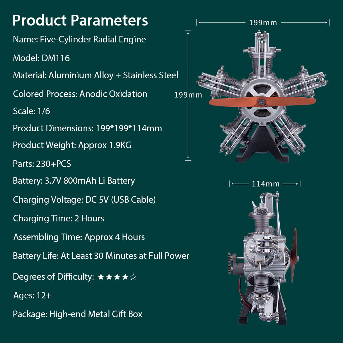250+pcs/set 1:6 Five-Cylinder Radial Engine Aircraft Engine Simulation Electric Model