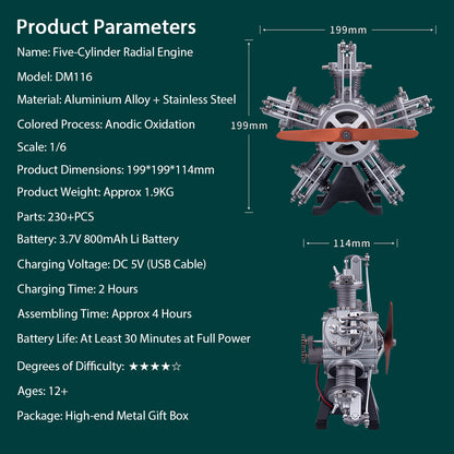 250+pcs/set 1:6 Five-Cylinder Radial Engine Aircraft Engine Simulation Electric Model