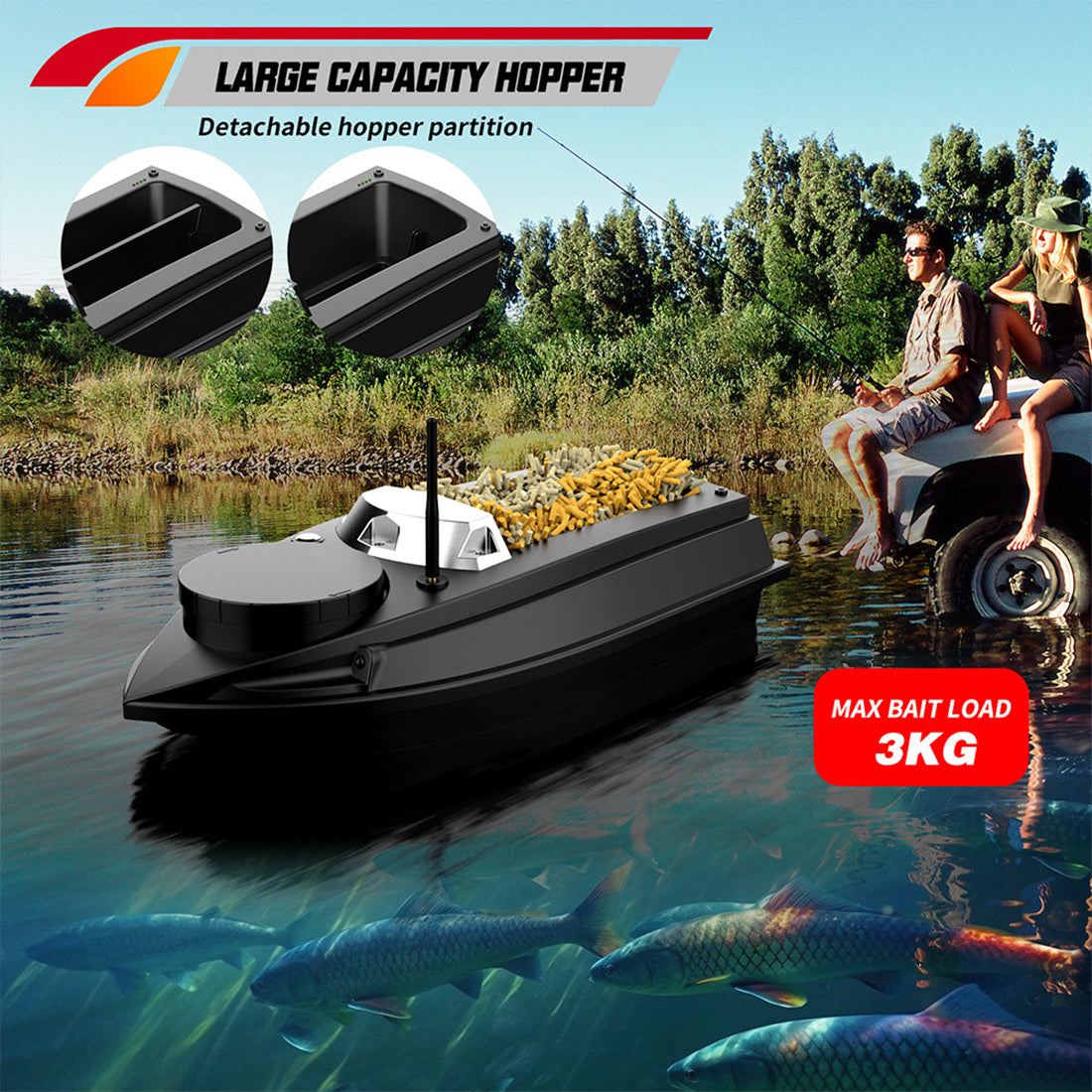 V030 12V 2.4G High-Speed RC Bait Boat+ 12V 20000mAh Lithium Battery