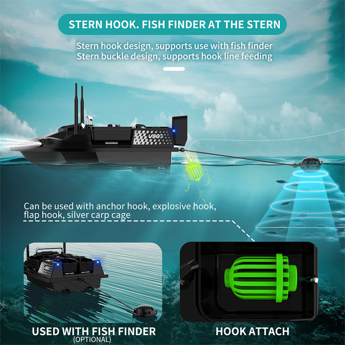 V803 4-Compartment Dual-Antenna RC Bait Boat with 4 Fishing Zones and 200 Waypoints