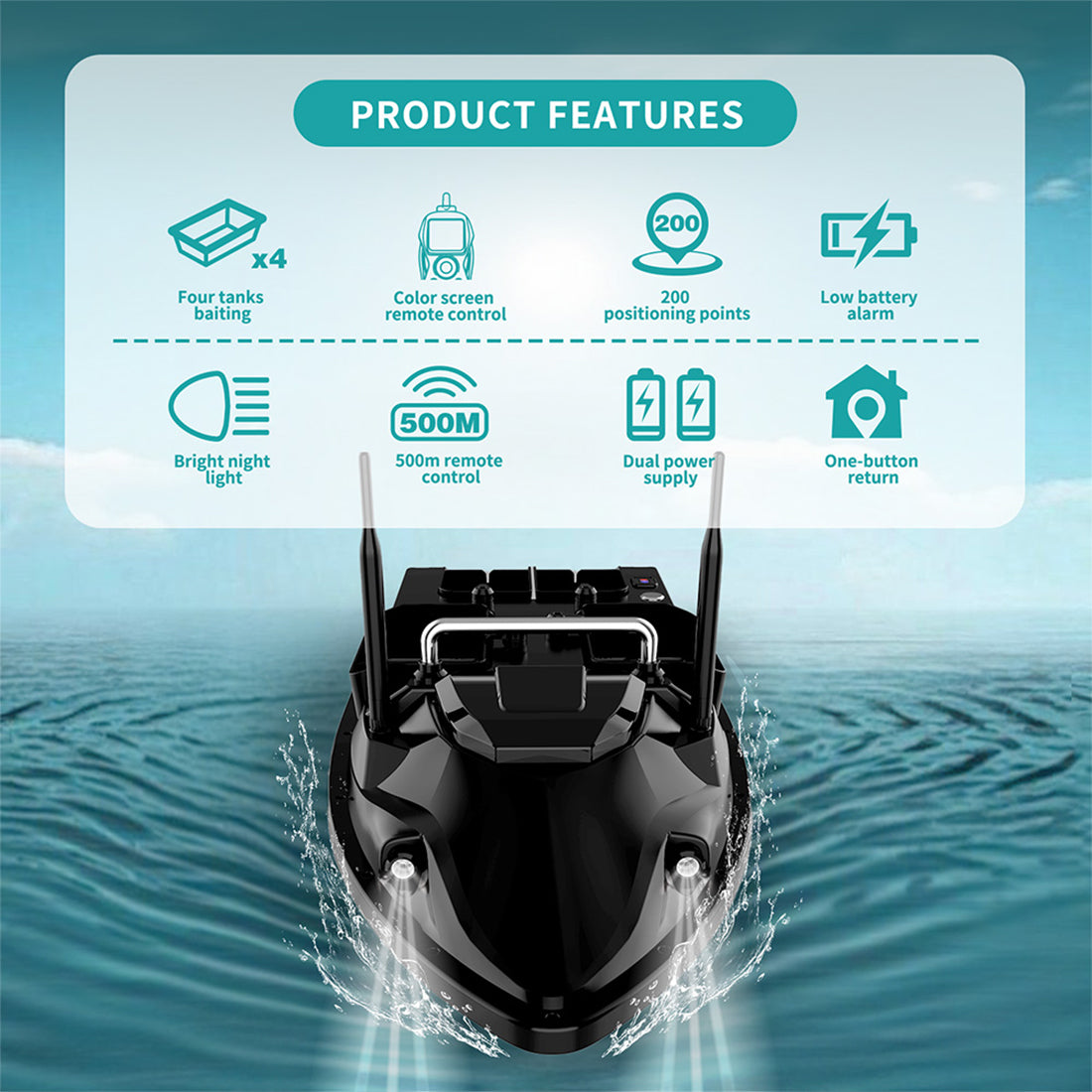 V803 4-Compartment Dual-Antenna RC Bait Boat with 4 Fishing Zones and 200 Waypoints