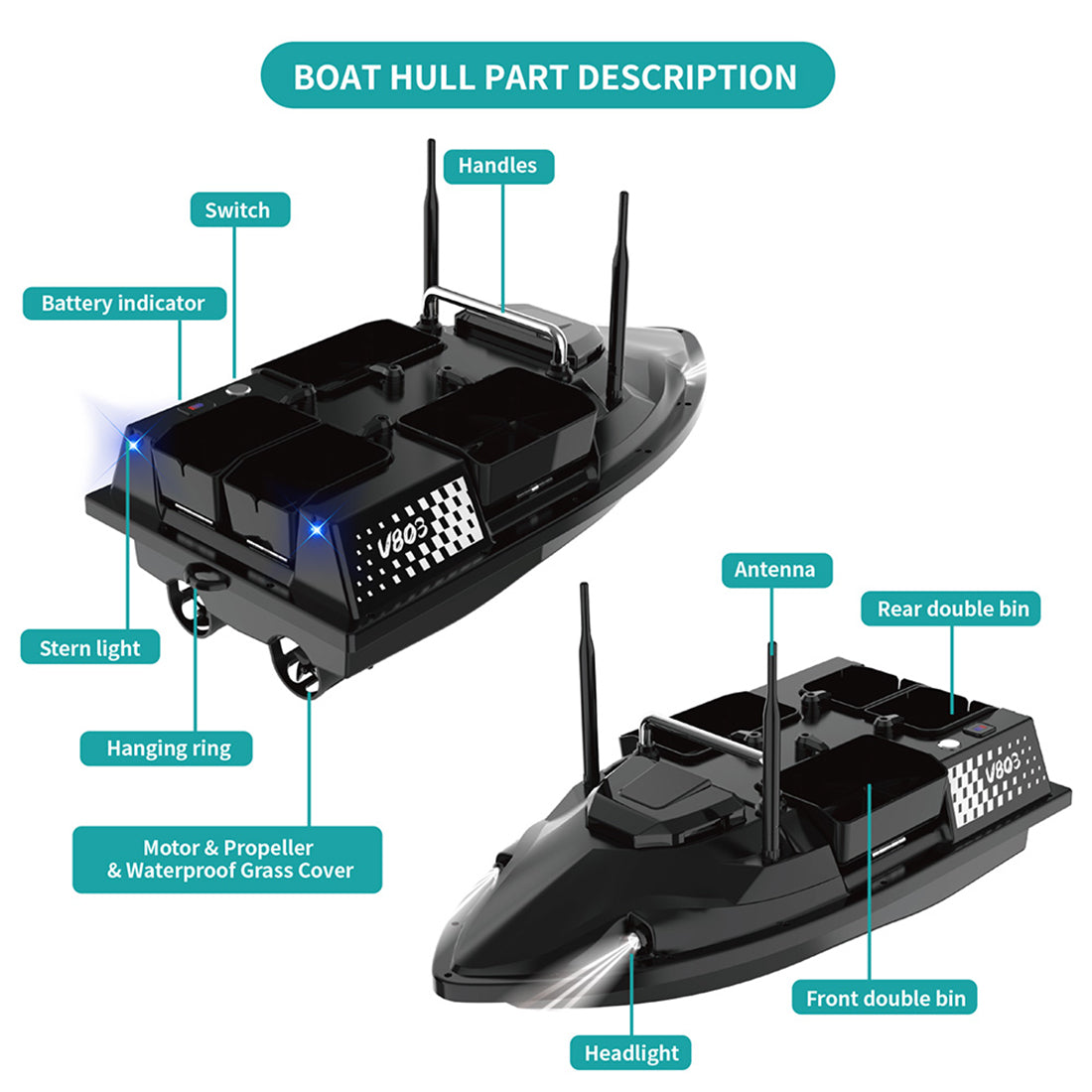 V803 4-Compartment Dual-Antenna RC Bait Boat with 4 Fishing Zones and 200 Waypoints