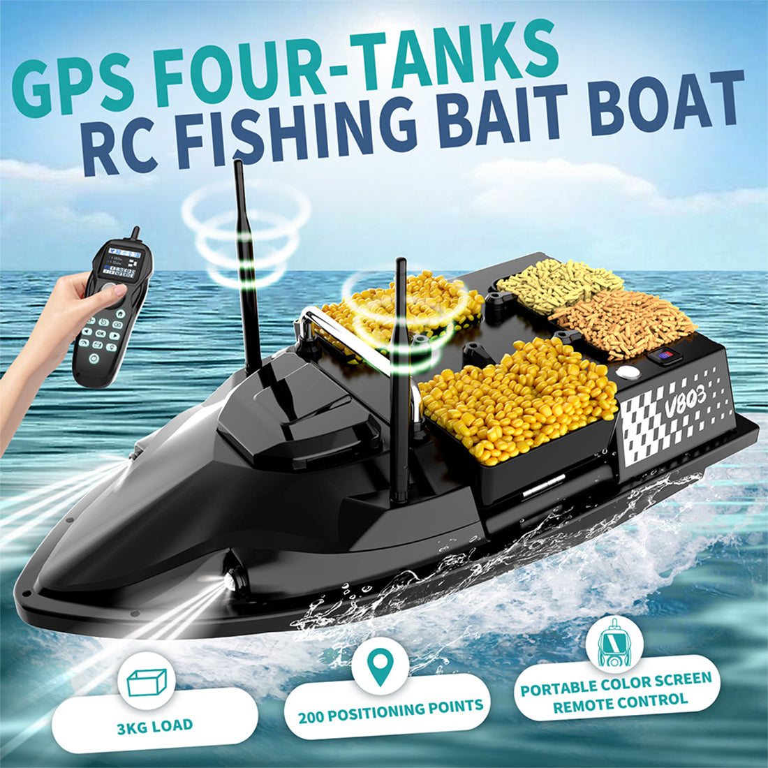 V803 4-Compartment Dual-Antenna RC Bait Boat with 4 Fishing Zones and 200 Waypoints