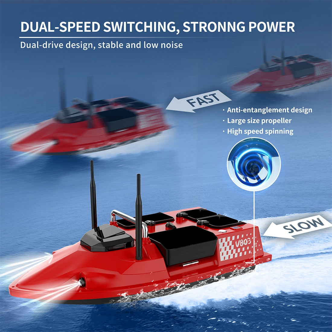 V803 4-Compartment Dual-Antenna RC Bait Boat