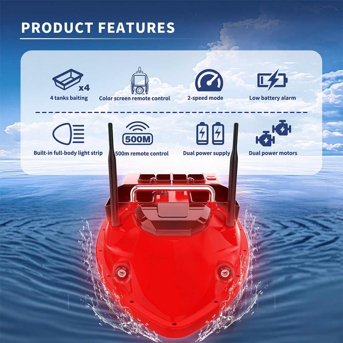 V803 4-Compartment Dual-Antenna RC Bait Boat