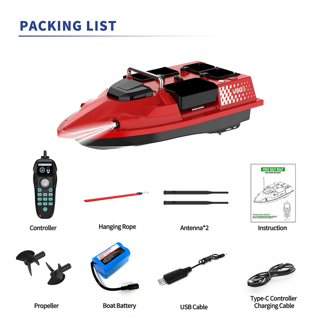 V803 4-Compartment Dual-Antenna RC Bait Boat