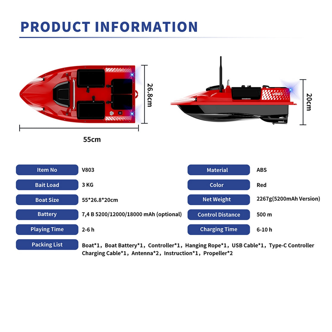 V803 4-Compartment Dual-Antenna RC Bait Boat