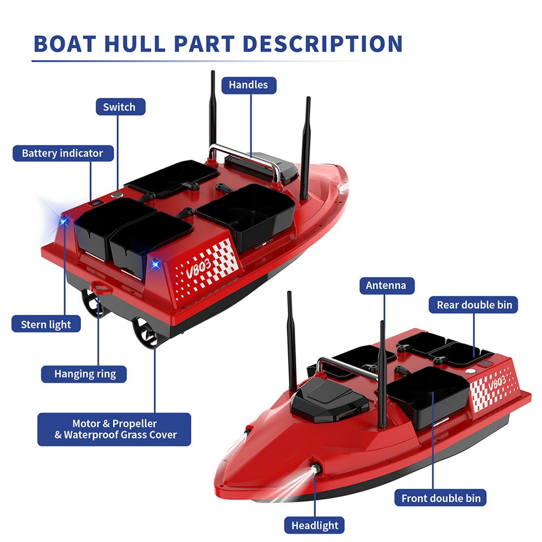 V803 4-Compartment Dual-Antenna RC Bait Boat