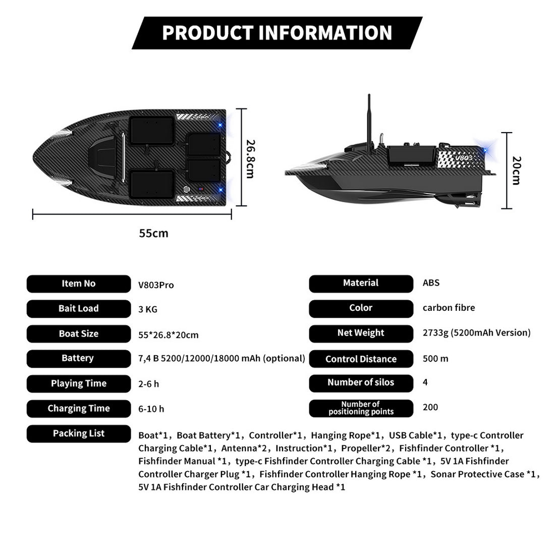 V803 PRO GPS Smart Bait Boat with 4 Hoppers