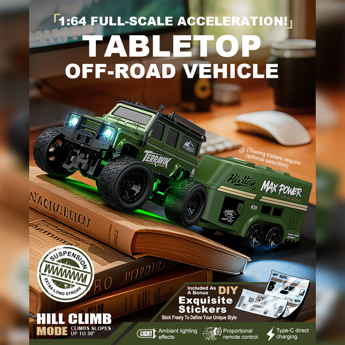 1/64 Scale 2.4G Full Proportional RC Crawler Truck with Trailer