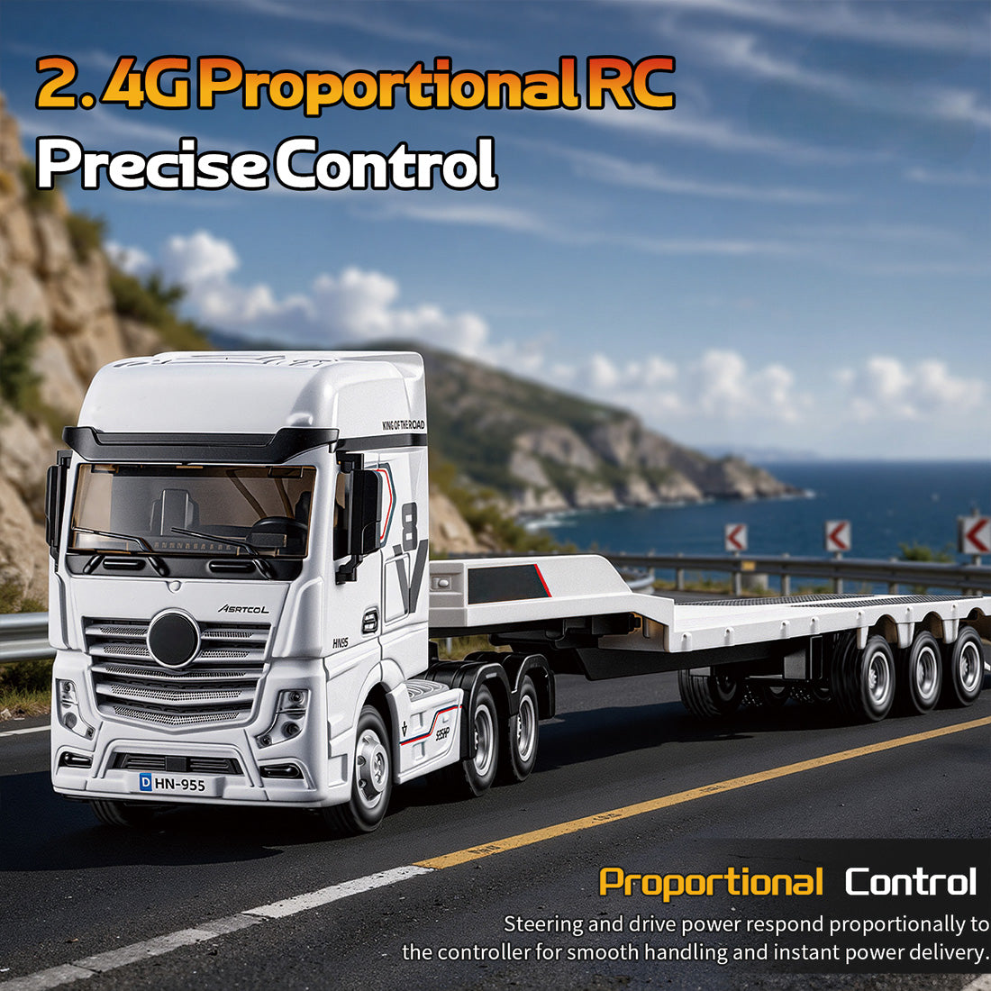 1/64 Scale 2.4G 12-Frequency Heavy Duty RC Flatbed Semi Truck Model with Sound & Light Effects