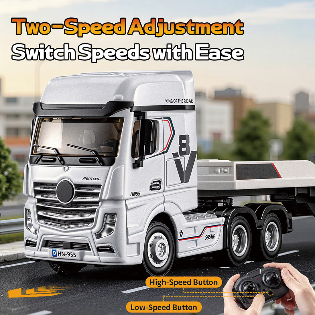 1/64 Scale 2.4G 12-Frequency Heavy Duty RC Flatbed Semi Truck Model with Sound & Light Effects