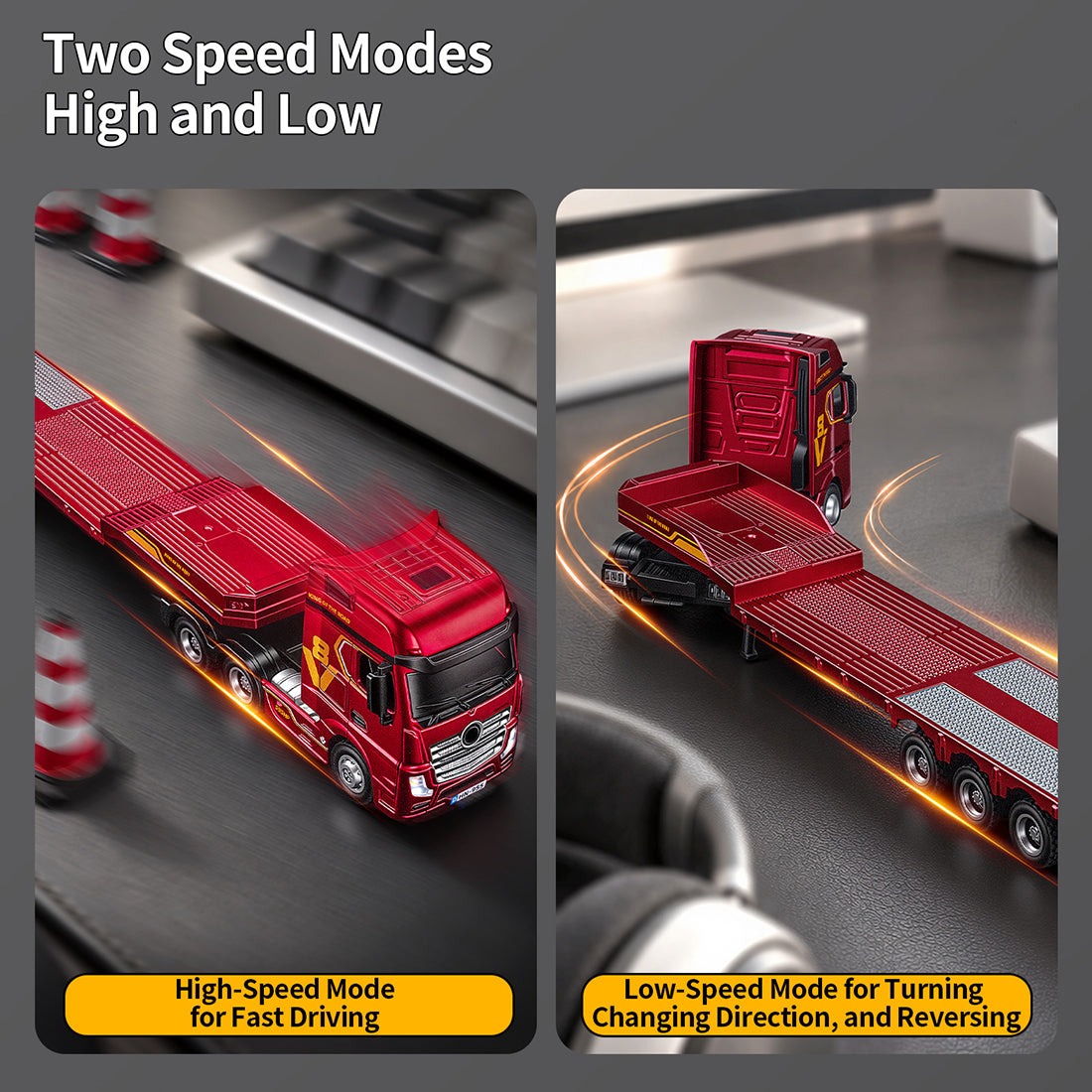 1/64 Scale 2.4G 12-Frequency Heavy Duty RC Flatbed Semi Truck Model with Sound & Light Effects