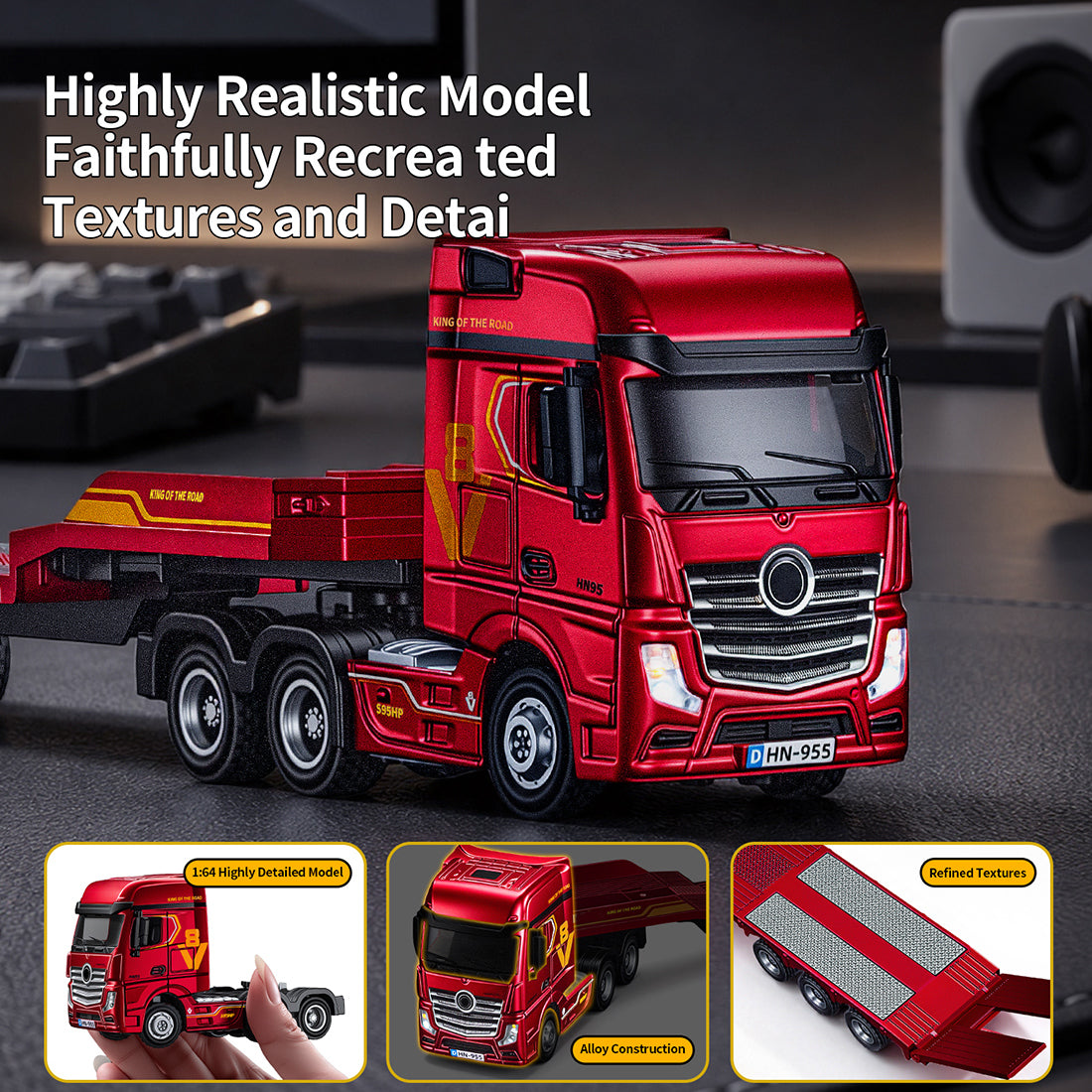 1/64 Scale 2.4G 12-Frequency Heavy Duty RC Flatbed Semi Truck Model with Sound & Light Effects