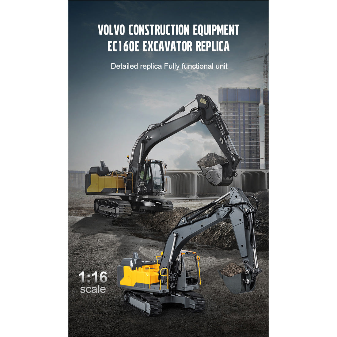 1/16 Scale RC EC160E Excavator, 2.4GHz Alloy Construction Vehicle