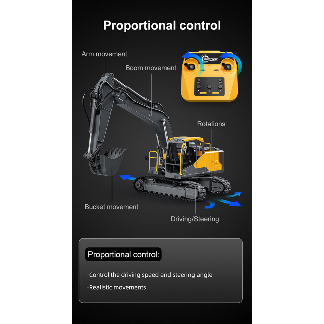 1/16 Scale RC EC160E Excavator, 2.4GHz Alloy Construction Vehicle