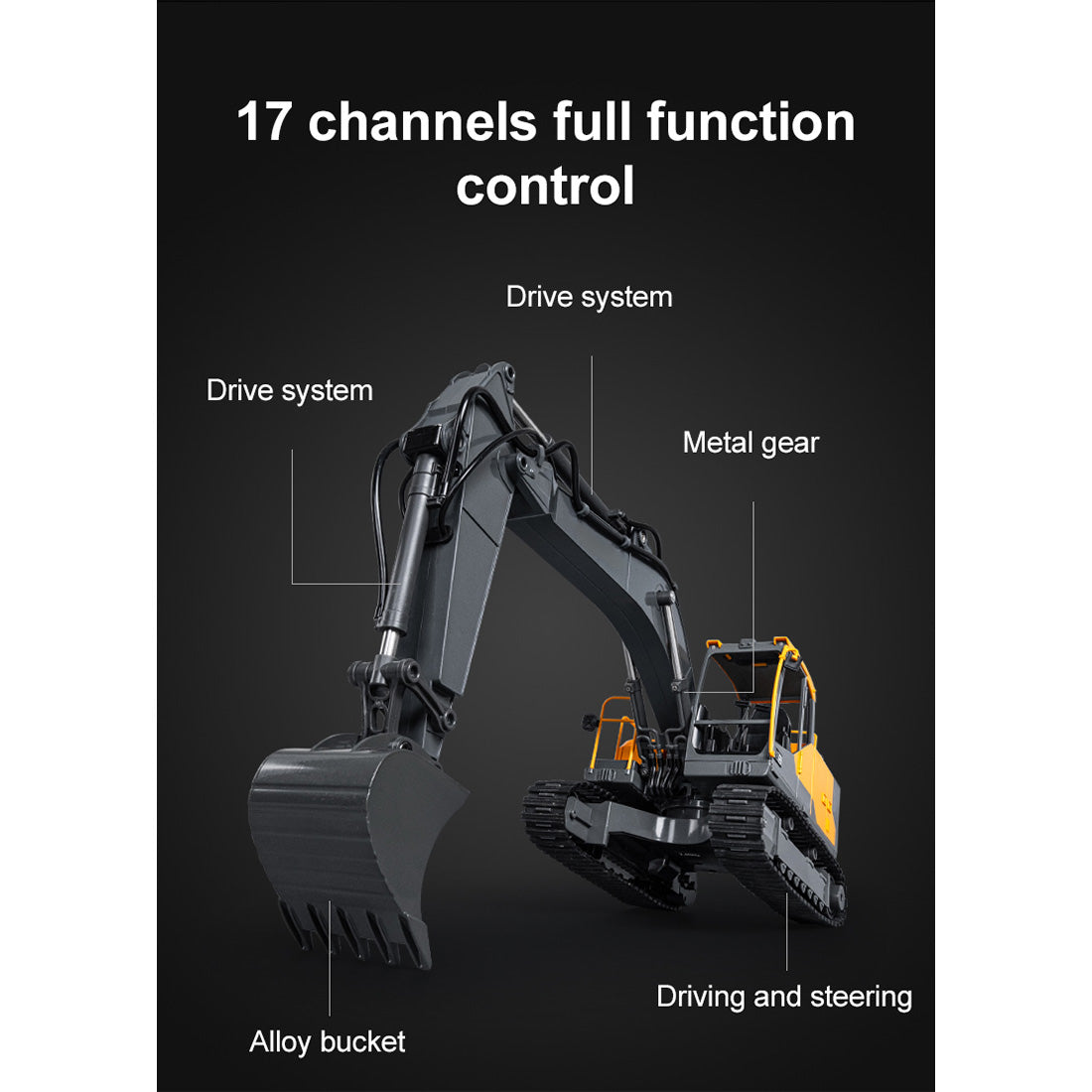 1/16 Scale RC EC160E Excavator, 2.4GHz Alloy Construction Vehicle