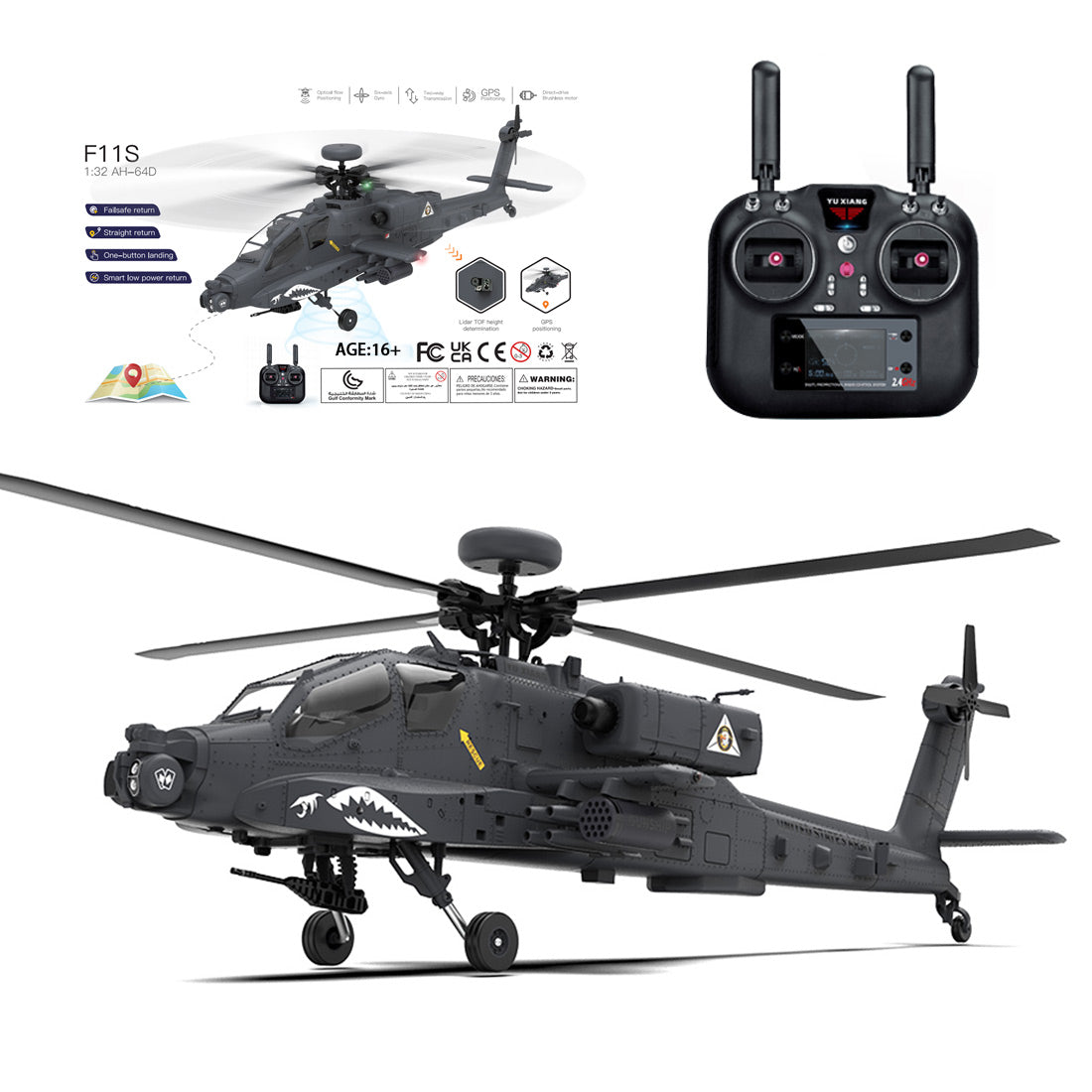 YU XIANG F11-S AH64 1/32 Scale 2.4G 6CH RC Dual-axis Co-drive Flybarless 6G/3D Stunt Apache Helicopter Model