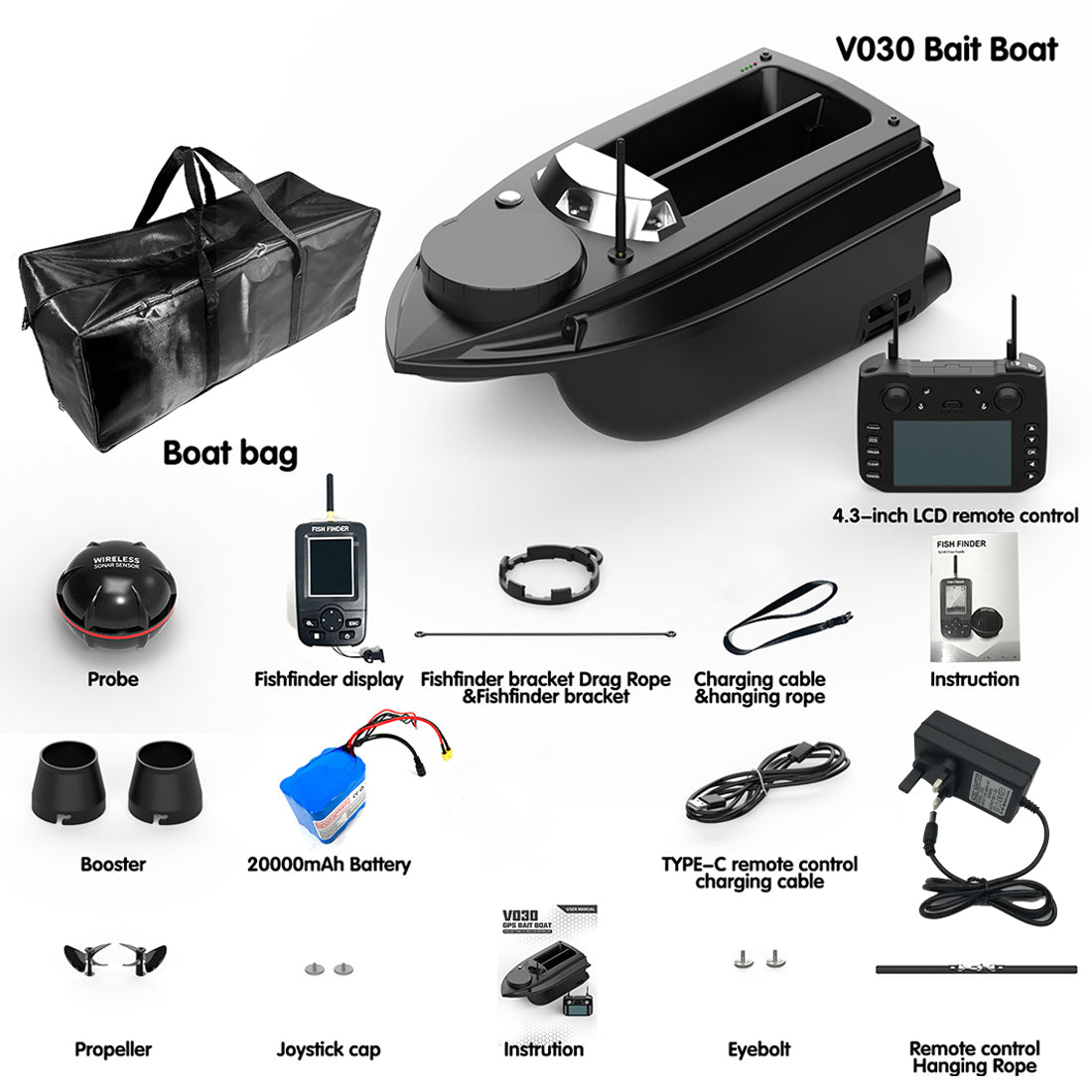 V030 12V 2.4G High-Speed RC Bait Boat+ 12V 20000mAh Lithium Battery