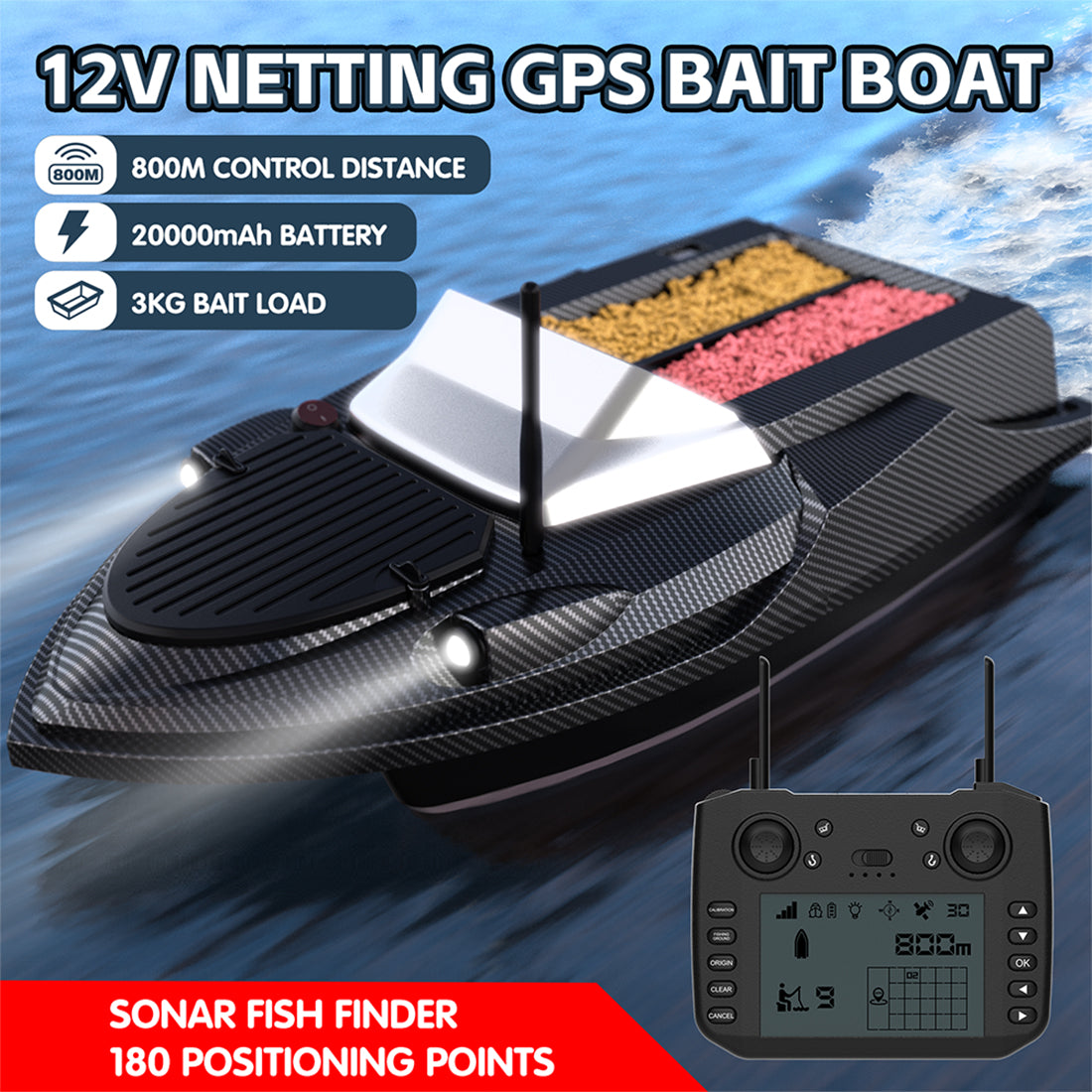 V080 12V High-Speed RC Bait Boat +12V 20000mAh Lithium Battery