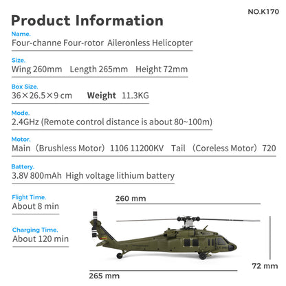 WL K170 UH-60L 170 Size 2.4G 4CH Flybarless RC Helicopter with Adjustable Left and right Hand Throttle