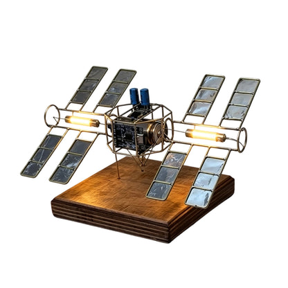 DIY Metal Wire Space Station Welding Model Kit with Wooden Base and LED Lights