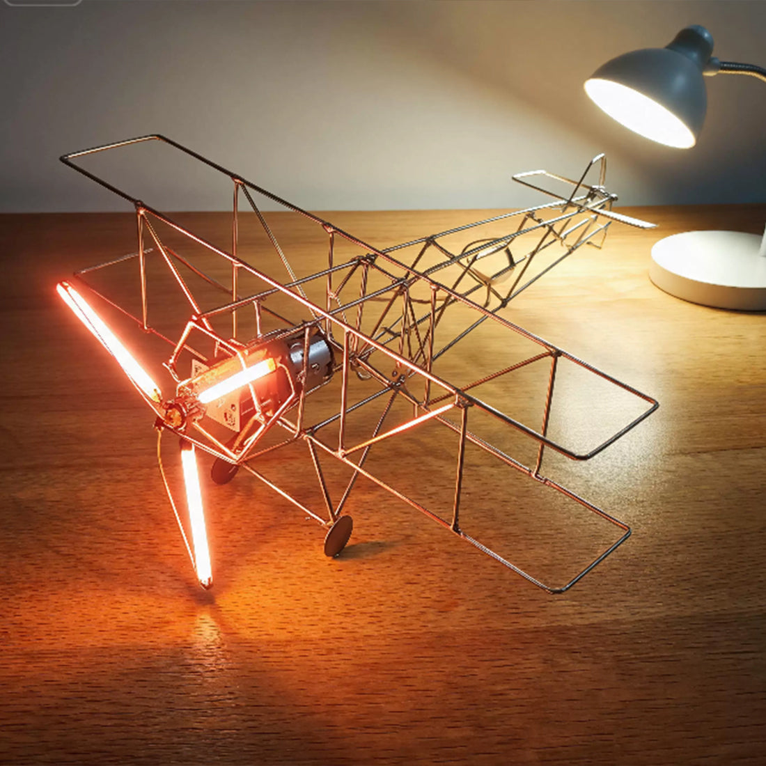 DIY Metal Wire Wright Flyer I Welding Model Kit with Wooden Base and LED Lights